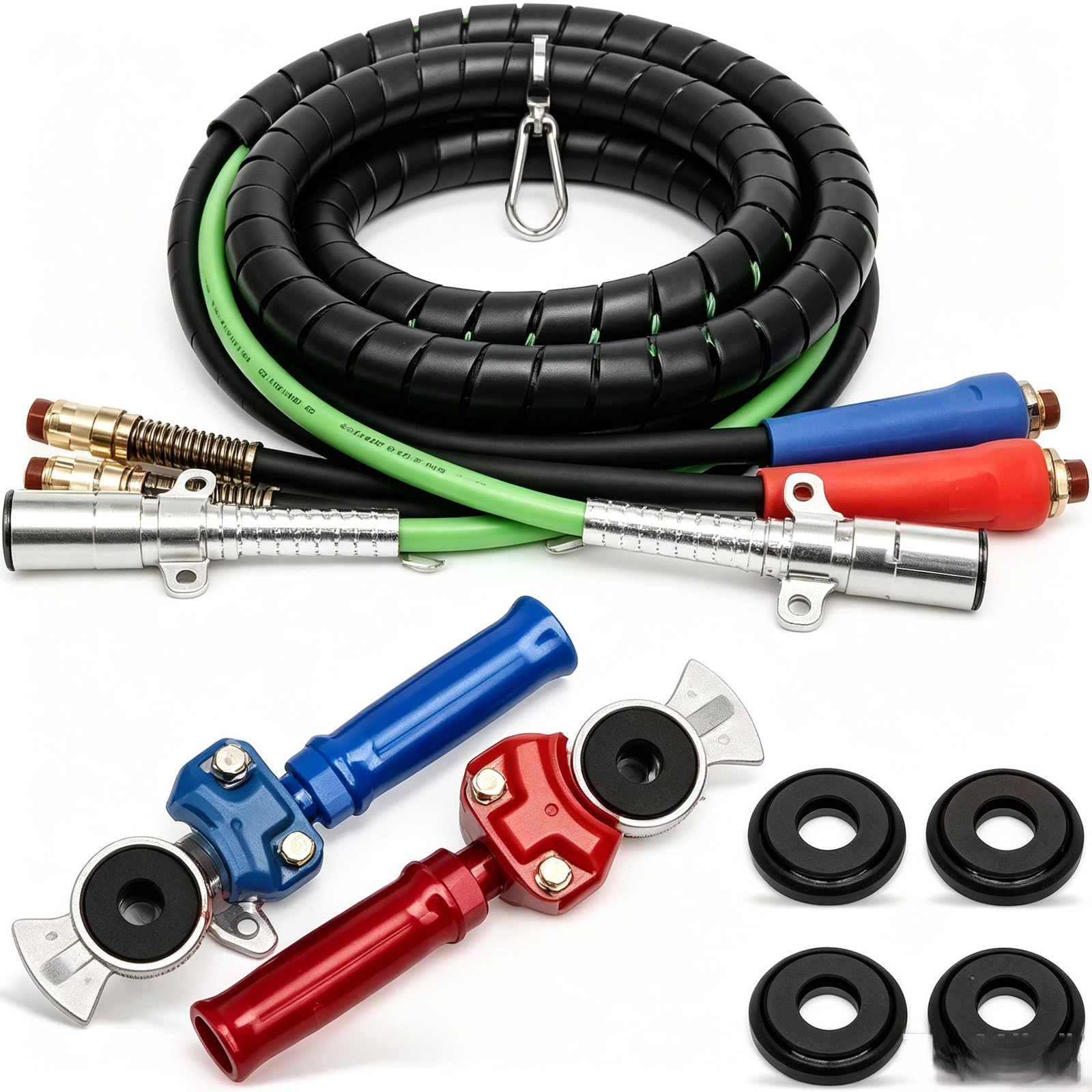 3-in-1-air-power-line-kit-15ft-with-glad-hands-accessories 15 FT 3-in-1 Commercial Truck Air Power Line Kit | SAE J1402 Rubber Hoses & 7-Way Electrical Cable - Image 1